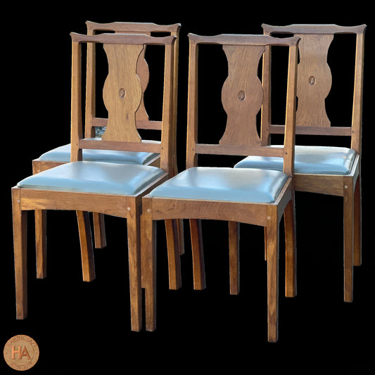 Set of 4 Albert Harrison Arts & Crafts Yorkshire School English Oak Chairs.