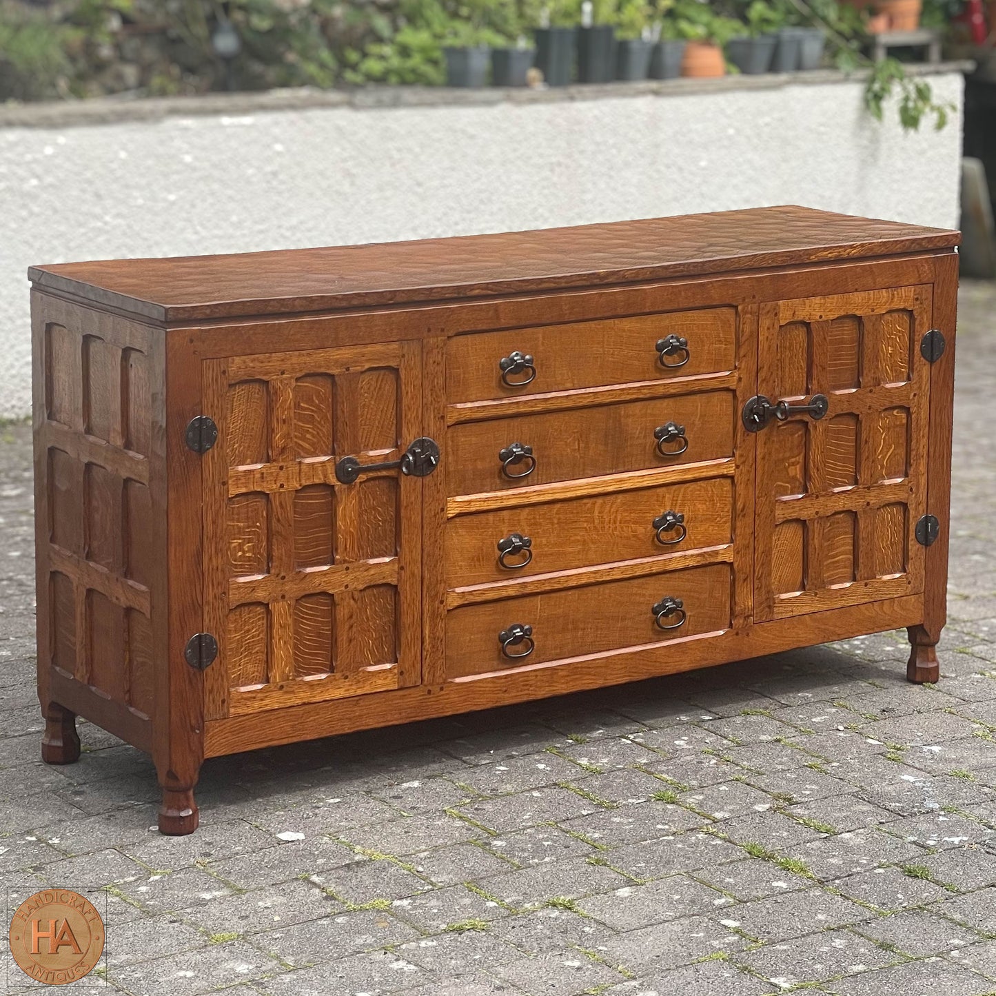 Sid Pollard [ex-Mouseman] Arts & Crafts Yorkshire School English Oak Sideboard c 1980.