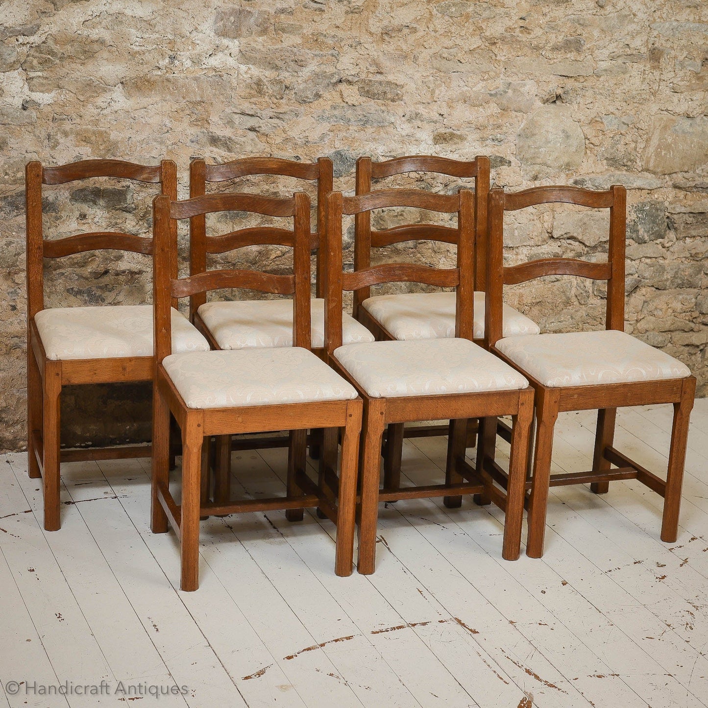 Set of 6 'Acornman' (Ex-Mouseman) Arts & Crafts Yorkshire School Oak Chairs