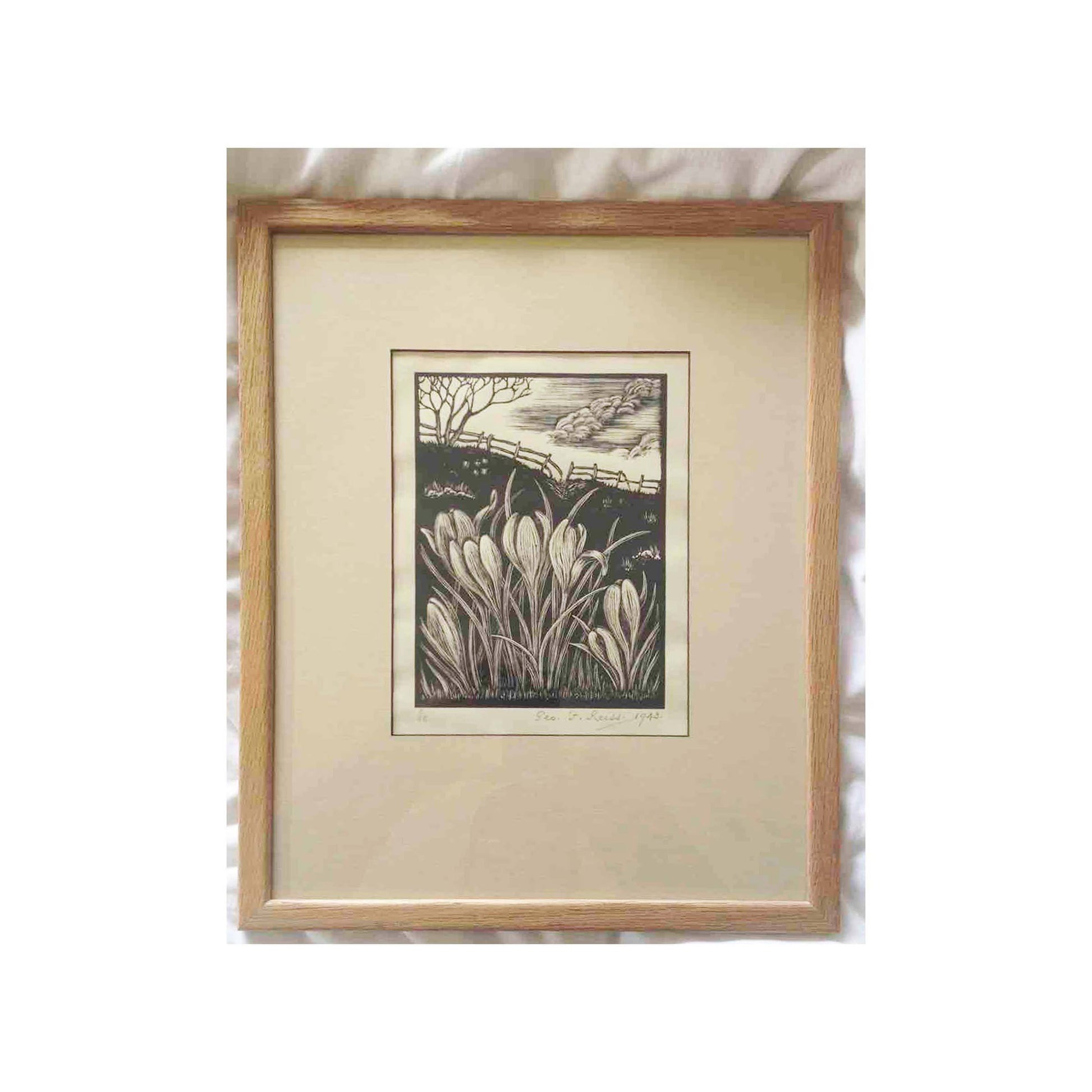 George F Frank Reiss George F. Reiss Limited Edition Linocut of Crocuses in a Field 1943 1943
