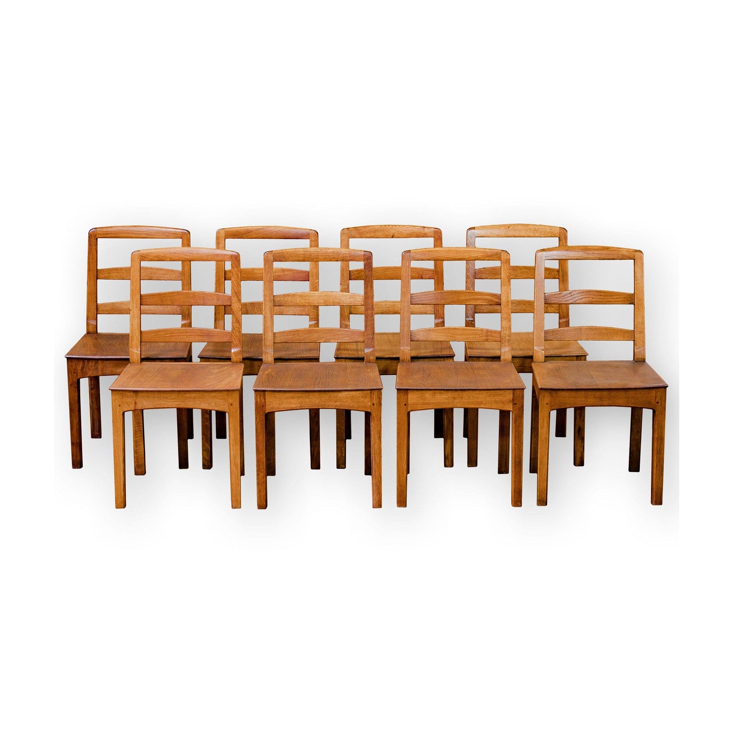 Set of 8 Peter Hall Arts & Crafts Lakes School English Oak Arched Rail Chairs.