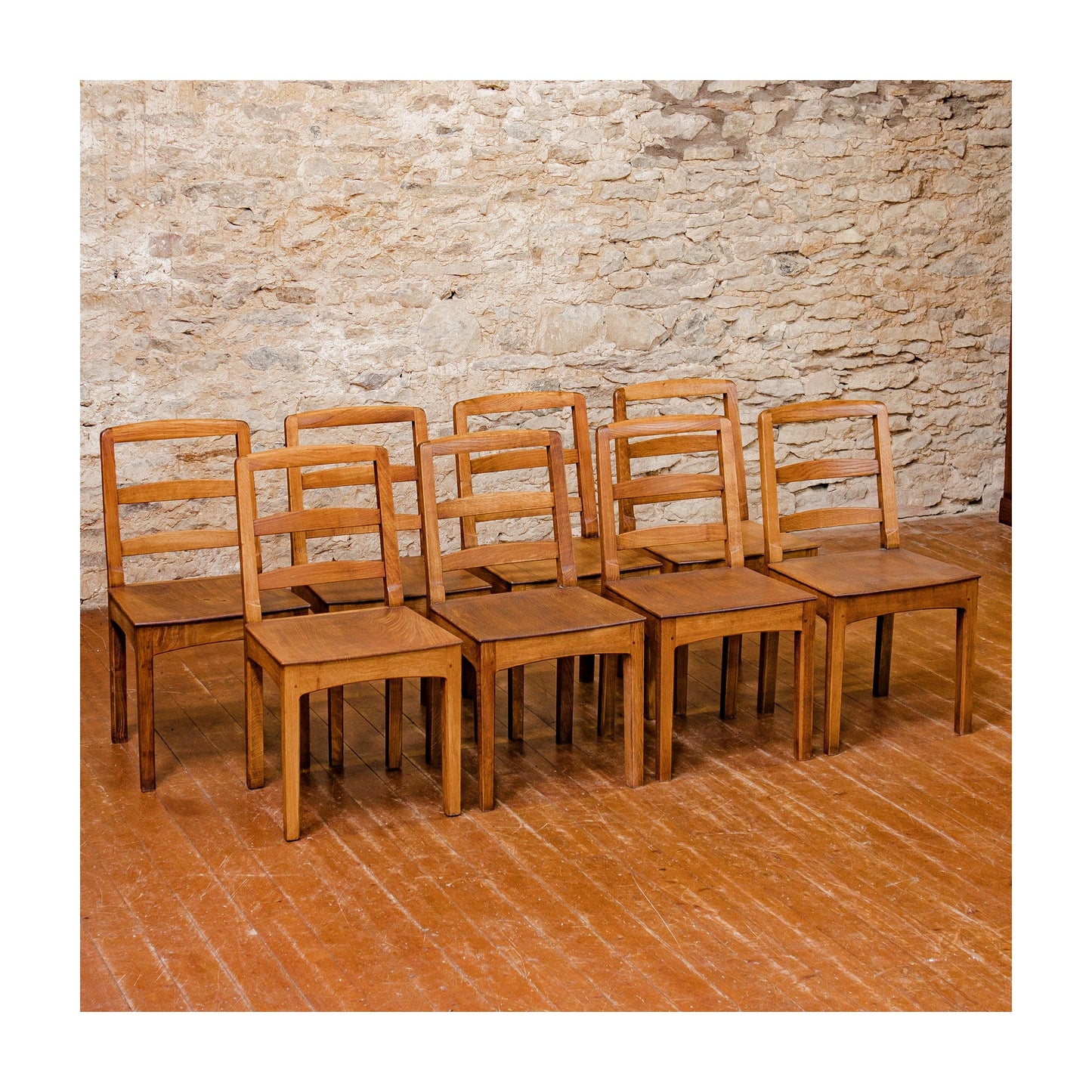 Set of 8 Peter Hall Arts & Crafts Lakes School English Oak Arched Rail Chairs.