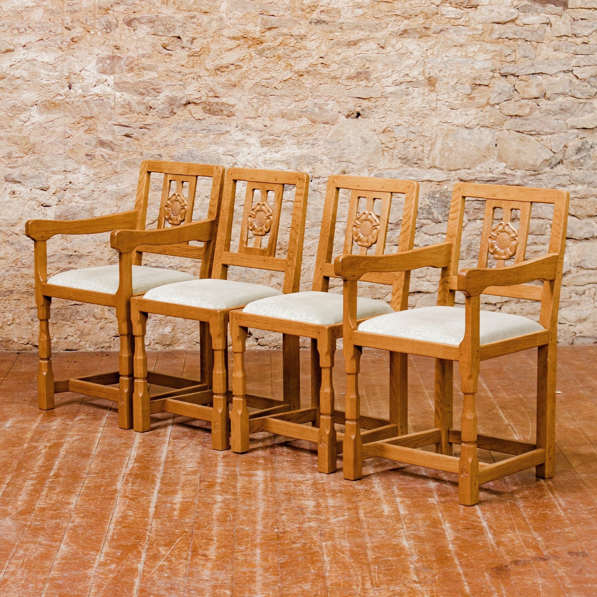 Set of 4 Horace 'Knightman' Knight Arts & Crafts Yorkshire School Oak Chairs