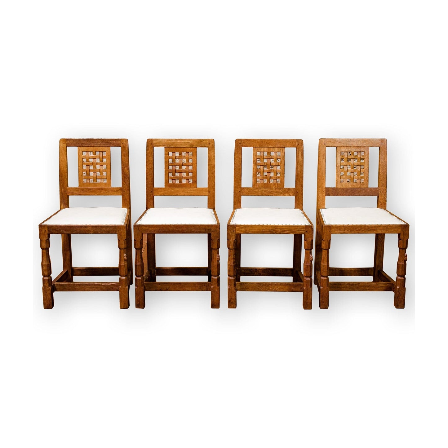 Set of 4 Robert Mouseman Thompson Arts & Crafts Yorkshire School Oak Chairs