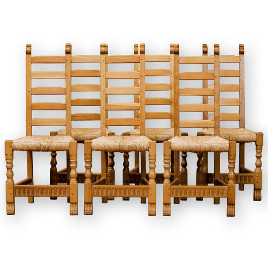 Set of 6 Rupert Griffiths Arts & Crafts Gothic School English Oak Dining Chairs