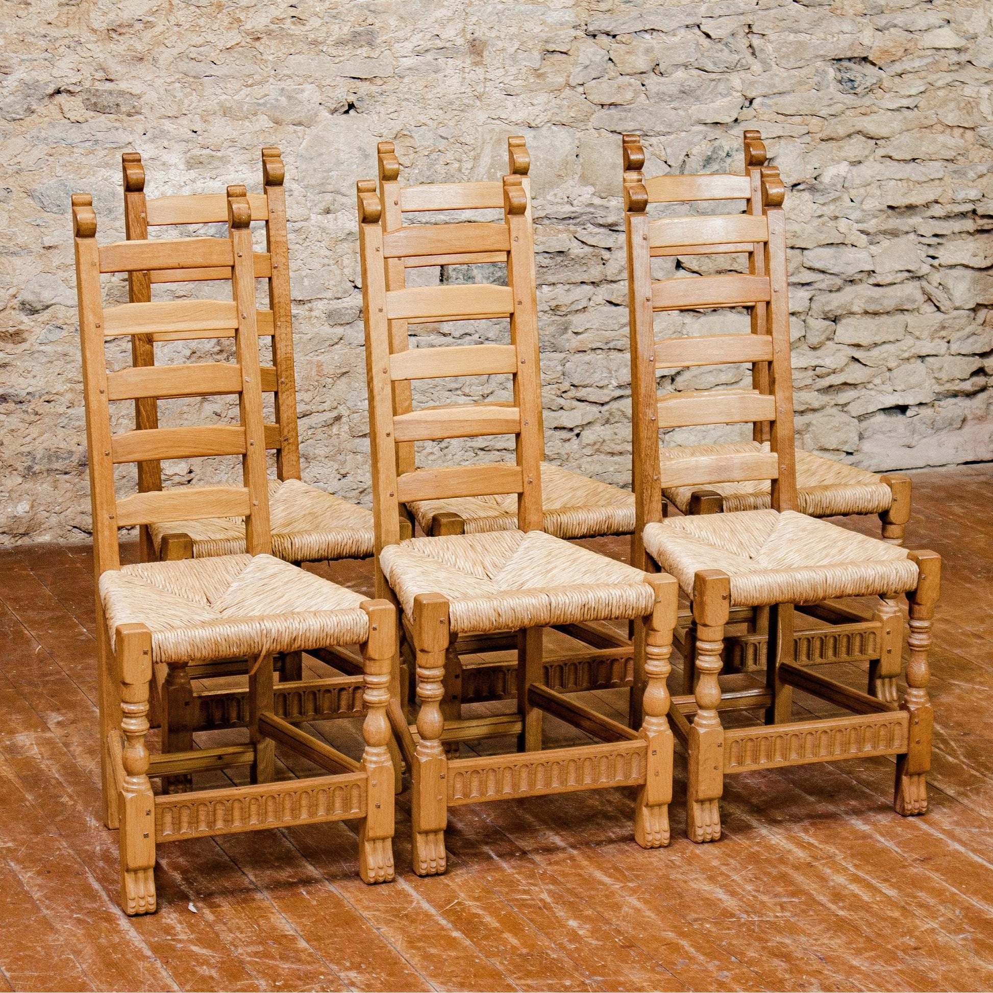 Set of 6 Rupert Griffiths Arts & Crafts Gothic School English Oak Dining Chairs