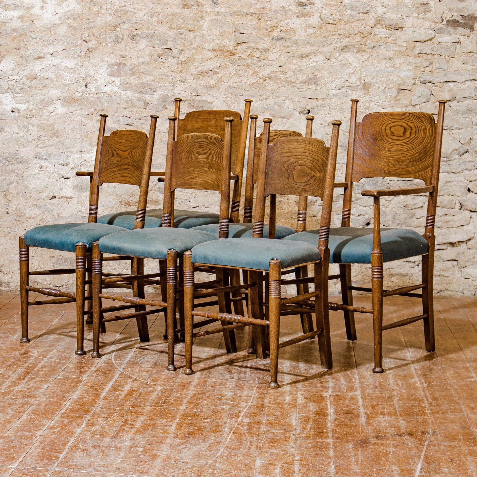 William Birch Set of 6 Arts & Crafts Cotswold School English Oak Chairs